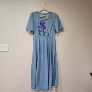 Vintage CMC Color Me Cotton Denim Maxi Dress Hand Painted Floral Modest size XS